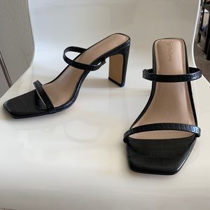 Square toe, two strap heeled sandal